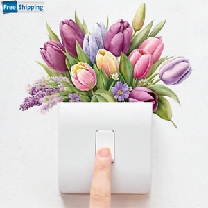 1Pc Wall Decals Creative Tulip Switch Removable Flower Switch Leaf Sticker Decor - Picture 1 of 7