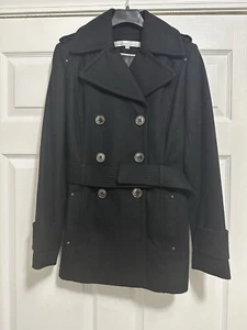 Women’s Black Kenneth Cole Peacoat Jacket Size 4 Double Breasted And Belted Wool - Picture 1 of 7