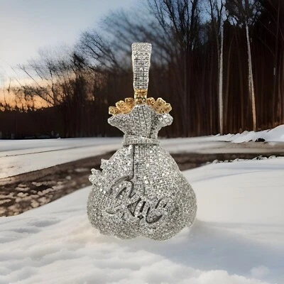 Iced Out 10K Gold 2 CTW Pave Diamond King $ Money Cash Bag Pendant Charm BLING - Image 1 of 4