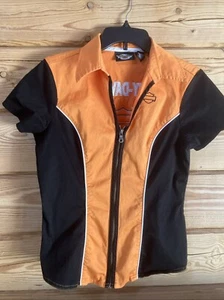 HARLEY DAVIDSON Womens ColorBlock Zip Up Garage Shirt Blouse Orange Black Sz Sm - Picture 1 of 5