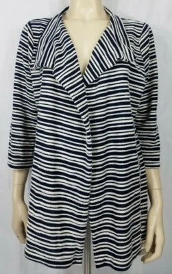 NUEVO CON ETIQUETAS Cárdigan Peck & Peck Azul Blanco Rayas Frente Abierto Mezcla Algodón Damas 1X Foto 1 de 4