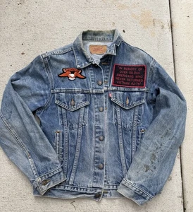 Vintage 90s USA Levi's Blue  Denim Jacket Harley Davidson Patina Patches S-40 - Picture 1 of 20