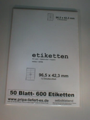 600 Etiketten 96x42 mm selbstklebend auf 50 Blatt A4 weiß Tinte/Laser/Copy PRIPA - Bild 1 von 1