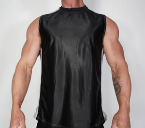 MEN'S POLYESTER BLACK/GRAY SHINY SLEEVELESS SHIRT SIZE LARGE - Picture 1 of 4