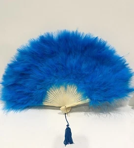Vintage Blue Ostrich Feather Folding Hand Fan with Celluloid Handle 11”x18” - Picture 1 of 9