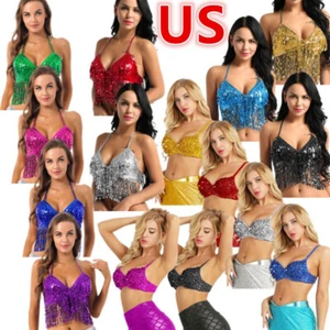 Sujetador de lentejuelas para mujer Top Tribal Brillo Brillo Cuentas Danza del vientre Disfraz Rave - Imagen 1 de 103