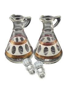 Vintage Mid-Century Glass Cruet Set of 2 w/ Stoppers Gold Gilded Leaf + Frosted - Picture 1 of 7