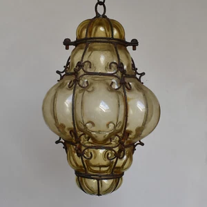 ANTIQUE MURANO HAND BLOWN CAGED GLASS LANTERN CEILING LIGHT VINTAGE ITALY - Picture 1 of 4
