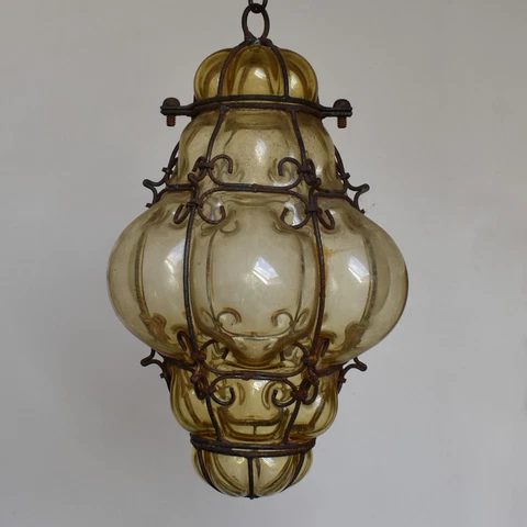 ANTIQUE MURANO HAND BLOWN CAGED GLASS LANTERN CEILING LIGHT VINTAGE ITALY Cover