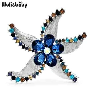 Silver Starfish Brooch Pin Blue Flower Multicolor Rhinestone Ocean Jewelry Gift - Picture 1 of 10