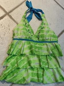 JUSTICE TANKINI TOP Sz 10/12 HALTER LIME YIE DYE SPARKLING SUPER CUTE!! - Picture 1 of 2