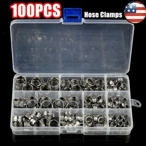 100pcs Hose Clamp Assorted Stainless Steel Ear Cinch Rings Crimp Pinch Set - Picture 1 of 10