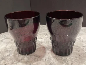 Set Of 2 VTG Ruby Red Drinking Glasses Tumblers Ribs Wide Mouth 4" tall - 8 Oz - Picture 1 of 7