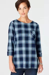 $79 J. Jill Blue & White Plaid Buttoned-Back Front Pocket Long Sleeve Top Size S - Picture 1 of 5