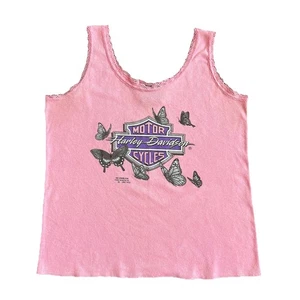 Vintage 1990s Harley Davidson 3D Emblem Pink Butterfly Lace Cami Tank Women's L - Picture 1 of 17