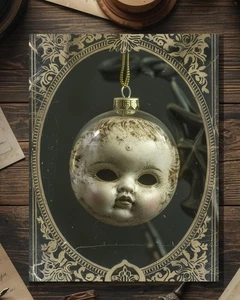 Muñeca espeluznante victoriana vintage adorno facial tarjeta de Navidad arte gótico navideño - Imagen 1 de 4