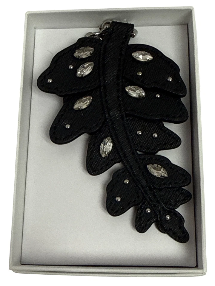 Michael Kors Black Leather Crystal Charm Fern Key Fob 32T7SLXK1L