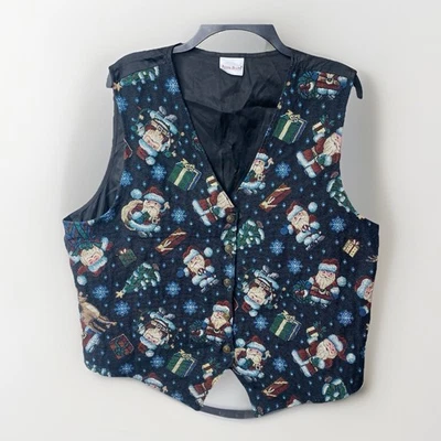 Bobbie Brooks 女式 X 大号黑色多色圣诞老人挂毯复古纽扣背心 — 第 1/4 张图片