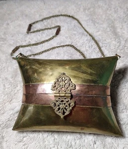 Vintage 1920s 30s Pillow Purse Brass Copper Art Deco Handbag Blue Velvet Lining - Picture 1 of 12