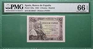 1945 SPAIN 1 PESETAS P# 128a PMG 66 EPQ GEM UNC - Picture 1 of 2