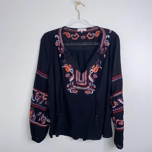 Parker Boho Bohemian bestickt Ballonärmel Top Bluse Gr. M schwarz fließend - Bild 1 von 8