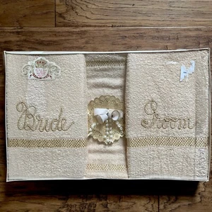 Vintage Starco Handtuch Badeset Braut Bräutigam 50er Neuheit 2 Handtücher 2 Waschlappen - Bild 1 von 7