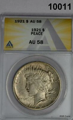 1921 PEACE SILVER DOLLAR HIGH RELIEF  ANACS CERTIFIED AU58 SATIN COIN!  #10011 - Image 1 of 3