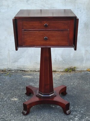 Elegant 1940s Mahogany Empire Drop Leaf Nightstand, End Table with Two Drawers - Image 1 of 4