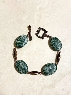 Pulsera rústica de piedras preciosas de ágata verde mate natural, cadena de cobre Foto 1 de 4