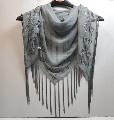 Bijoux Terner Gray Triangle Scarf Fringed Embroidered Sequins - Image 1 of 4