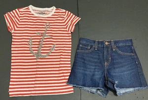 Girl's Crewcuts & Old Navy Outfit Sz 8 & 10 Red Striped Anchor Top w/Jean Shorts - Picture 1 of 8