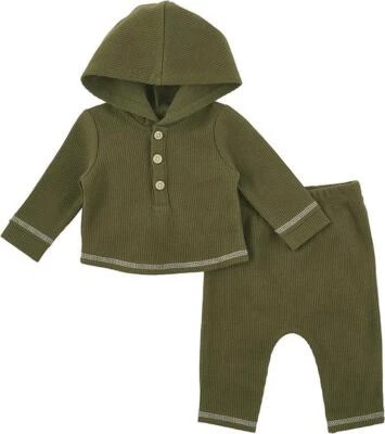 Conjunto de Top y Pantalones con Capucha Mud Pie Kids Verde Oliva Tejido Waffle Textura Foto 1 de 2