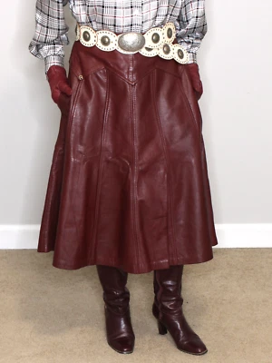 Womens Leather Skirt Burgundy 14 Red Etienne Aigner A-Line Vintage 70s 80s Rare - Image 1 of 4