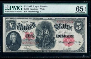 AC Fr 91 1907 $5 Legal Tender PMG 65 EPQ gem woodchopper - Picture 1 of 2