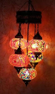 Turkish Moroccan Handmade Mosaic Hanging Ceiling Chandelier Lamp 5 Large Globe - Picture 1 of 1