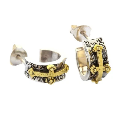 Orecchini a croce in oro giallo con bilanciere in argento sterling da uomo,... - Immagine 1 di 4