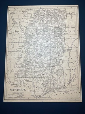 RARE 1894 B&W MISSISSIPPI State Map Mounted on Acid-Free Card Stock SEE DESCRIP - Image 1 of 2