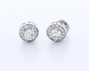 1.5 CT Natural Diamonds H/SI1 Round Brilliant 14K White Gold Prong Vintage Studs - Picture 1 of 4