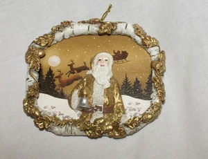 Gold Santa Schlitten & fliegendes Rentier im Bilderrahmen Weihnachtsschmuck 4" Glitzer - Bild 1 von 3