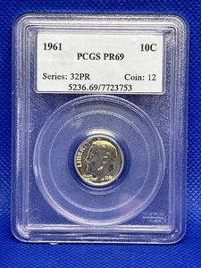 1961 Roosevelt Dime 10C PCGS PR69 Proof 90% Silver - Picture 1 of 2