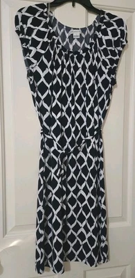 Liz Claiborne Women's Size Large Geometrical Dress Navy Blue Tie Waist - Image 1 of 4