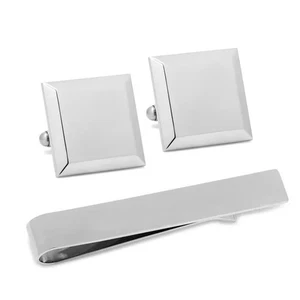 Stainless Steel Beveled Square Engravable Cufflinks and Tie Bar Gift Set - Picture 1 of 9