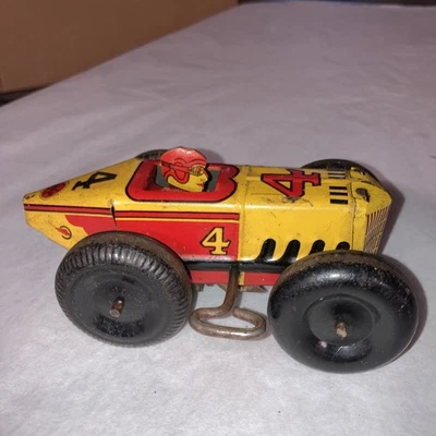 "Antiguo coche de carreras de cuerda de hojalata Marx de 5"" con conductor #4 funciona" Foto 1 de 4