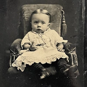 Antique Tintype Photograph Adorable Baby Sitting In Chair Soulful Eyes - Picture 1 of 7