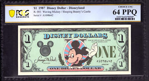 1987 $1 DISNEY DOLLAR DISNEYLAND MICKEY MOUSE WAVING SLEEPING BEAUTY PCGS 64 PPQ