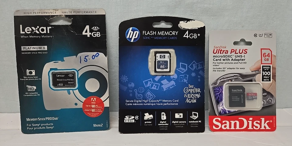 SanDisk Ultra Plus 64GB microSD, Hp Flash 4GB, Lexar Platinum II 4gb Memory Card - Image 1 of 4