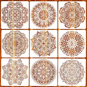 9 Pack 12X12'' Mandala Stencils for Painting on Wood, Floor, Wall, Tile Fabric, - Picture 1 of 12
