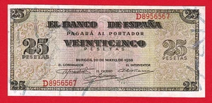 SPAIN 25 PESETAS 1938 BURGOS VF+ - Picture 1 of 2