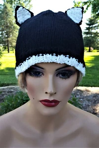 Black and White Knitted Cat Hat Handknitted - Picture 1 of 6