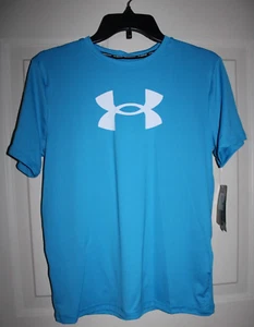 NWT Under Armour Swim Big Logo Boy's Large Capri Blue S/S Shirt UPF 50+ - Picture 1 of 2
